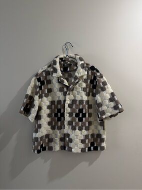 Fashion Nova Cream, Brown & Black Checker Knit Short-Sleeve Shirt